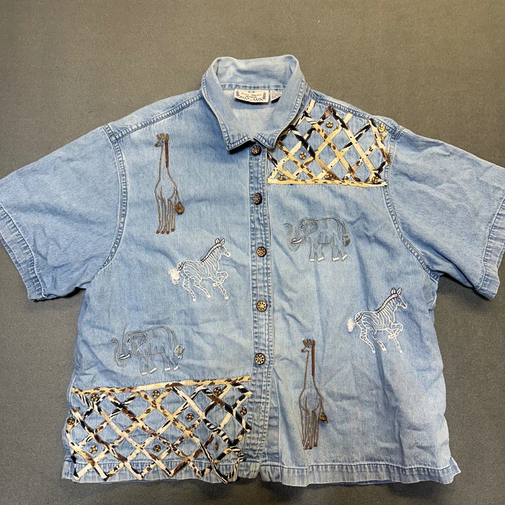 Sara Studio Woman Denim Shirt Set 3X Blue Safari Animal Embroidered Vintage